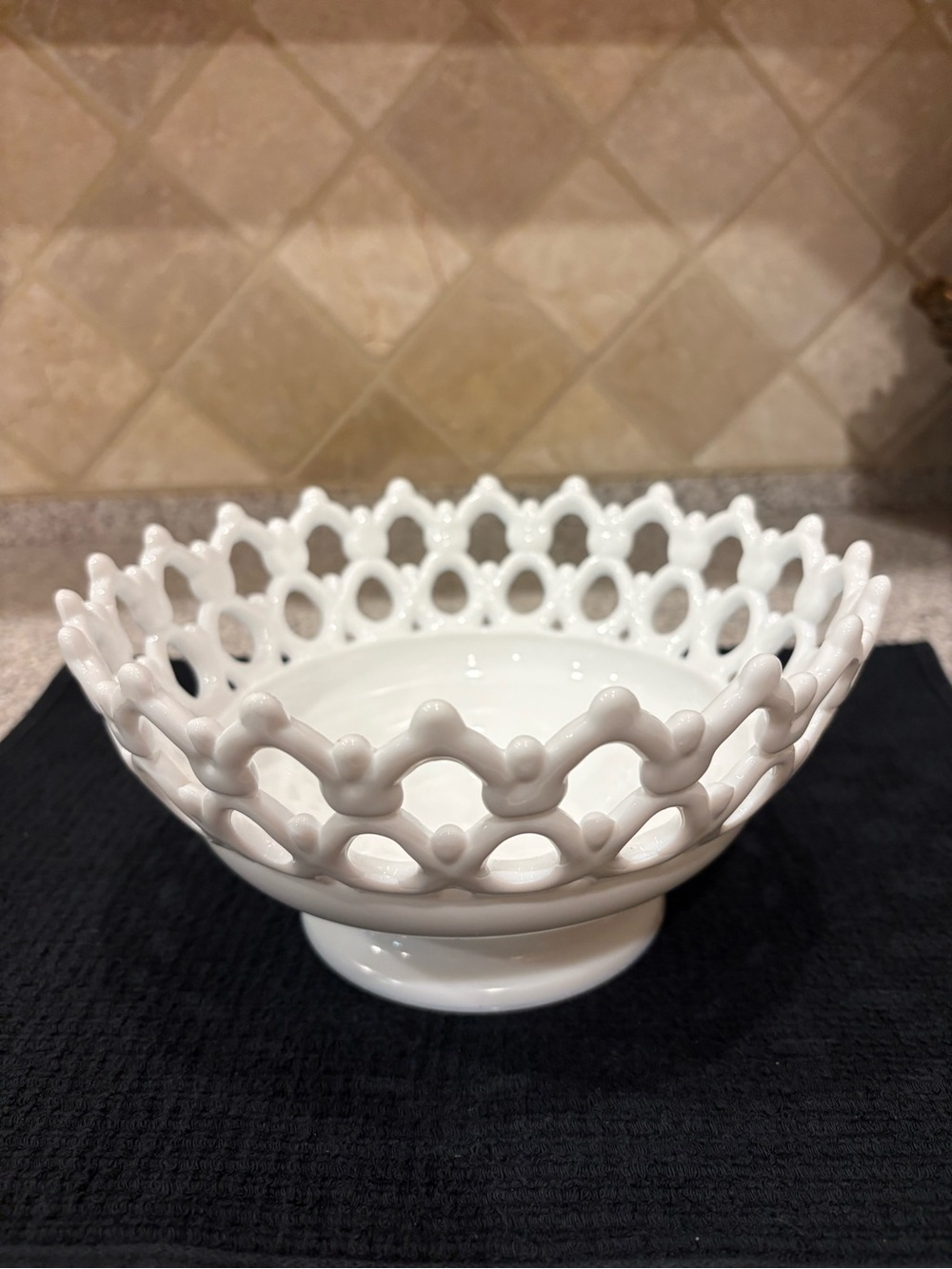 Vintage Milk Glass Fruit Bowl - Footed Open Lace Design